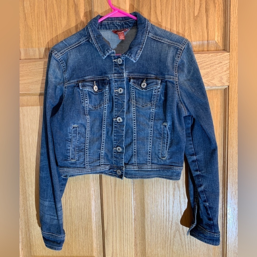 Arizona Jeans Denim Cropped Jacket Blue - Metal Buttons Womens Large 100% Cotton